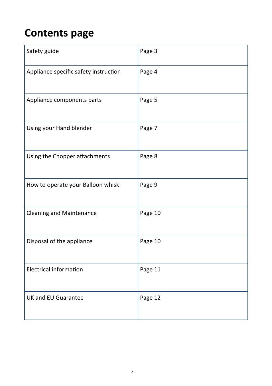 Contents page | Andrew James AJ000022 Hand Blender User Manual | Page 2 / 13