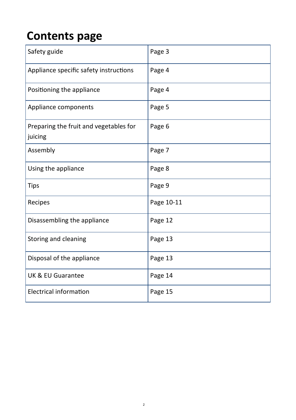 Contents page | Andrew James AJ000055 Power Juicer User Manual | Page 2 / 16