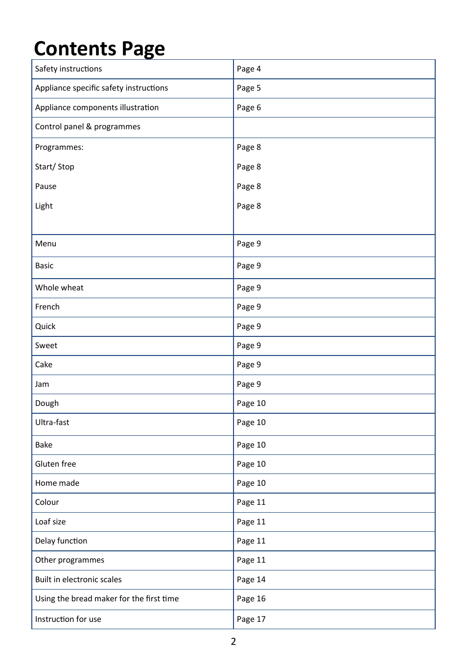 Contents page | Andrew James AJ000573 Premium Bread Maker with Integrated Scales User Manual | Page 2 / 38