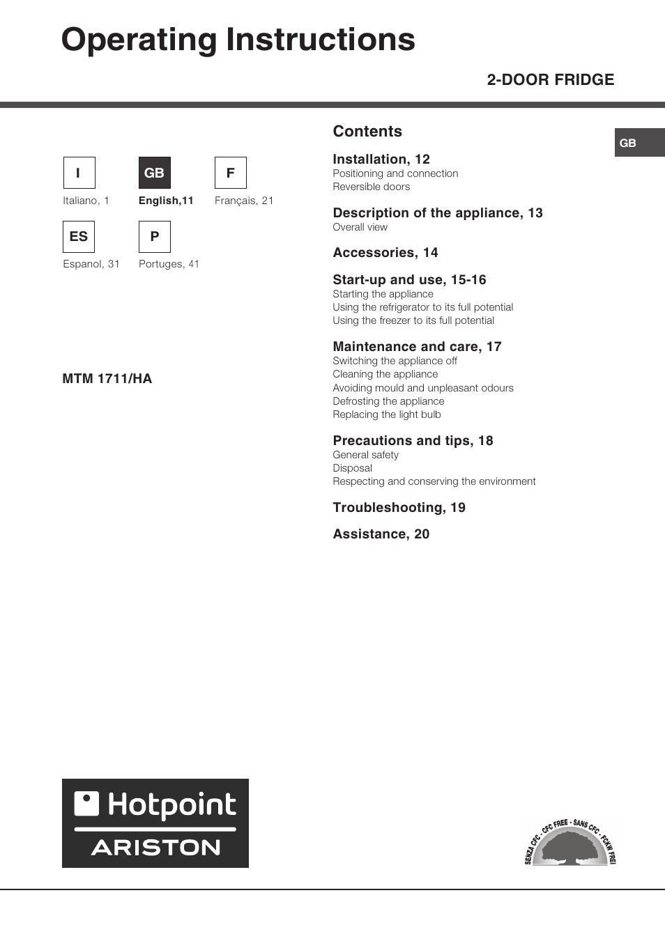 Operating instructions, Door fridge contents | Ariston MTM 1711 User Manual | Page 11 / 52