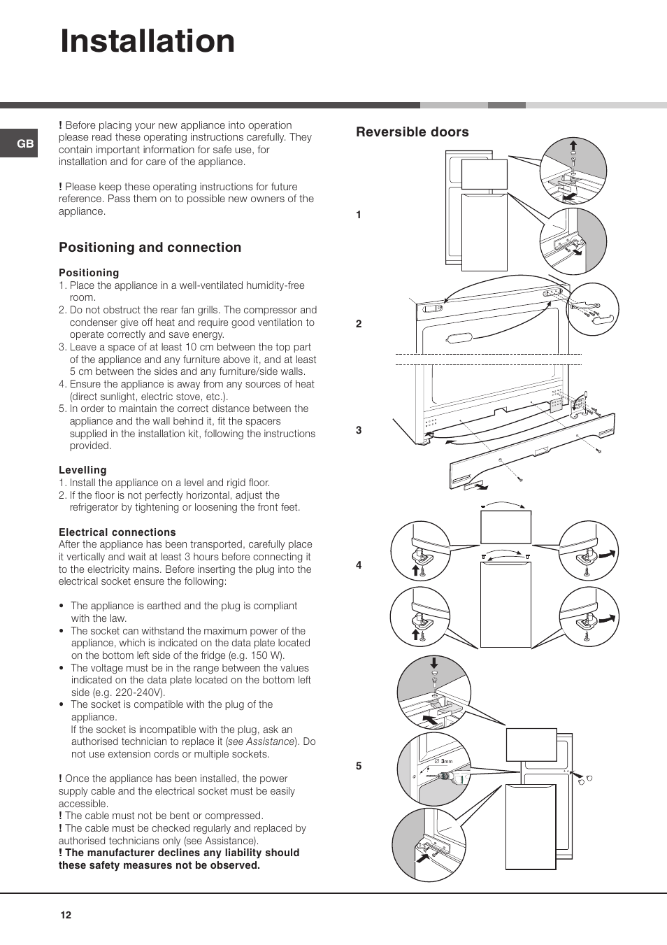 Installation, Reversible doors, Positioning and connection | Ariston MTM 1711 User Manual | Page 12 / 52