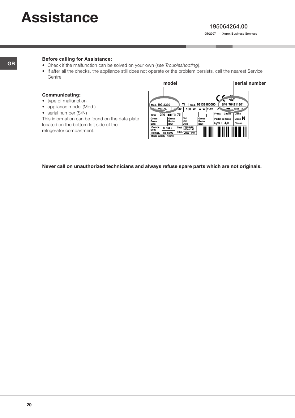 Assistance, Model serial number | Ariston MTM 1711 User Manual | Page 20 / 52