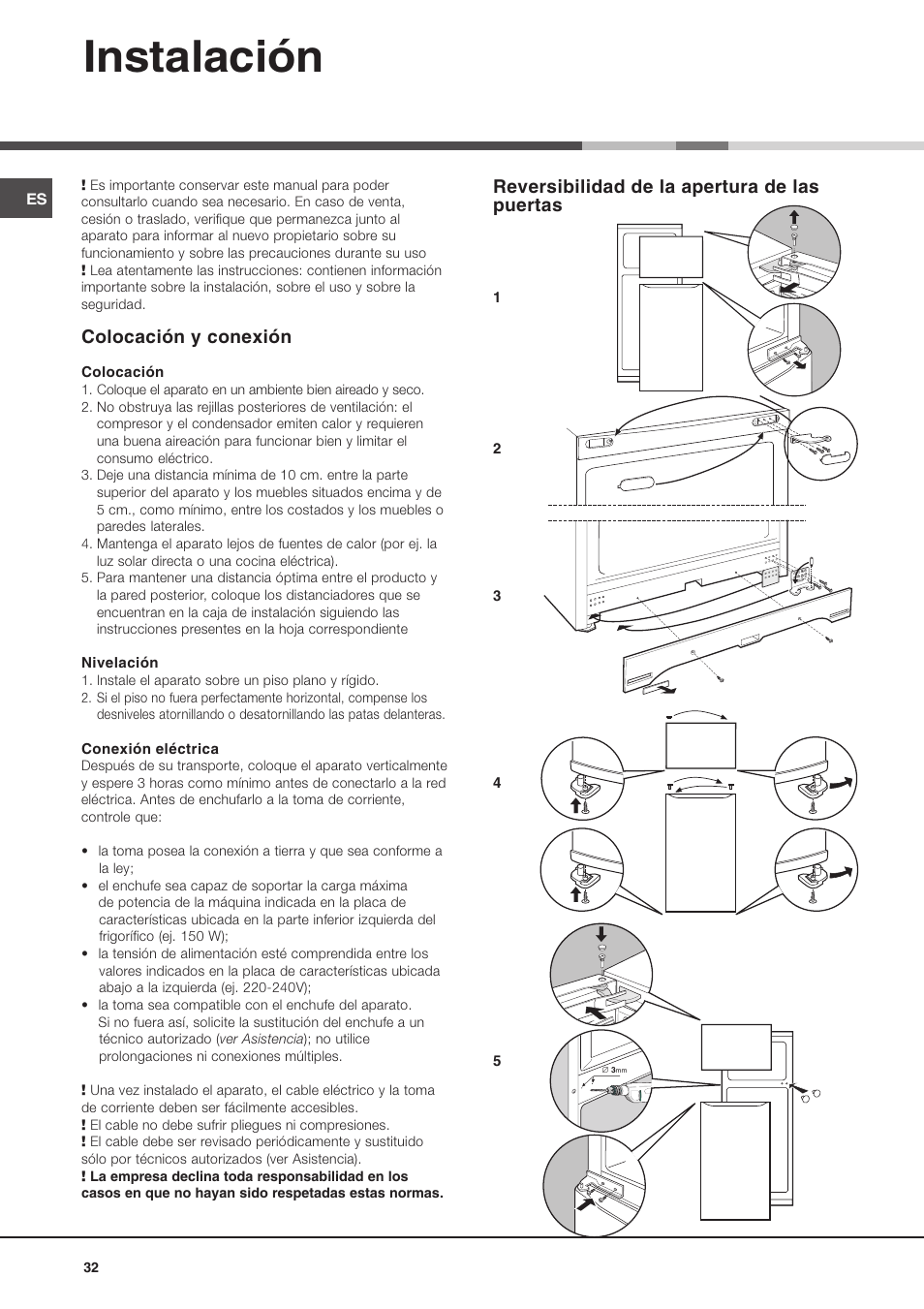 Instalación, Colocación y conexión, Reversibilidad de la apertura de las puertas | Ariston MTM 1711 User Manual | Page 32 / 52