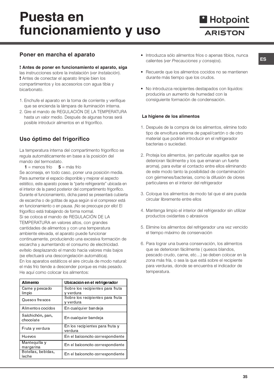 Puesta en funcionamiento y uso, Poner en marcha el aparato, Uso óptimo del frigorífico | Ariston MTM 1711 User Manual | Page 35 / 52