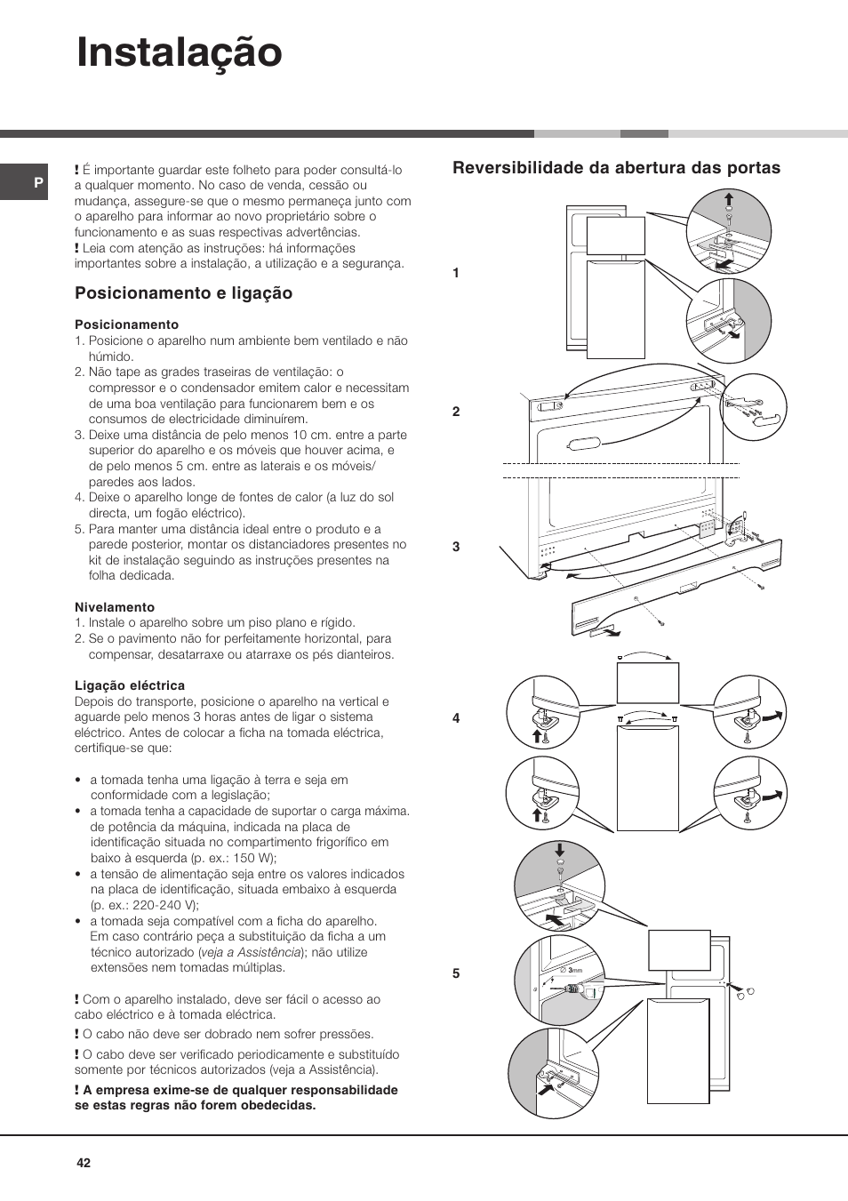 Instalação, Reversibilidade da abertura das portas, Posicionamento e ligação | Ariston MTM 1711 User Manual | Page 42 / 52