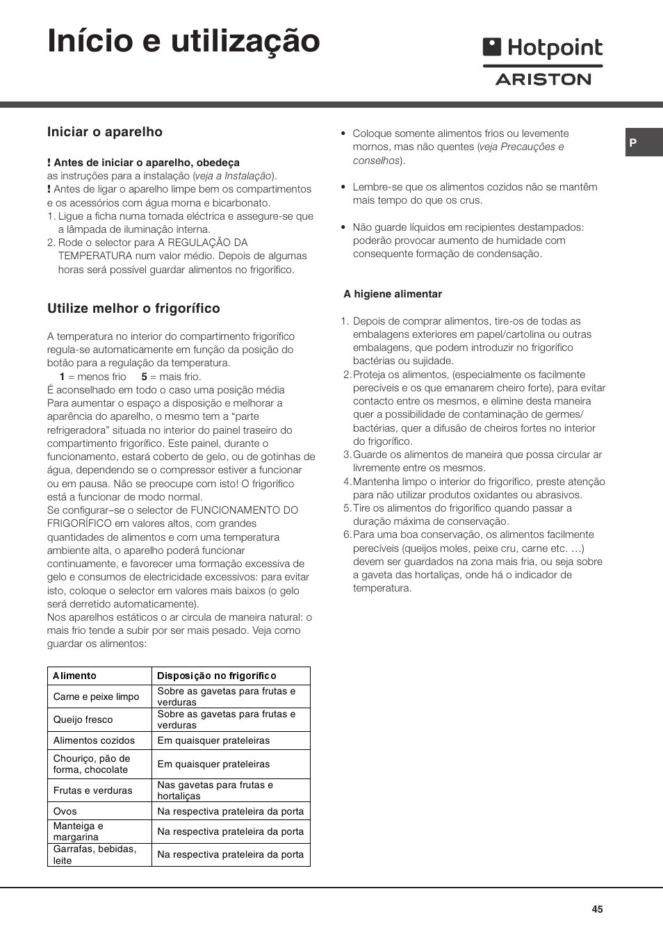 Início e utilização, Iniciar o aparelho, Utilize melhor o frigorífico | Ariston MTM 1711 User Manual | Page 45 / 52