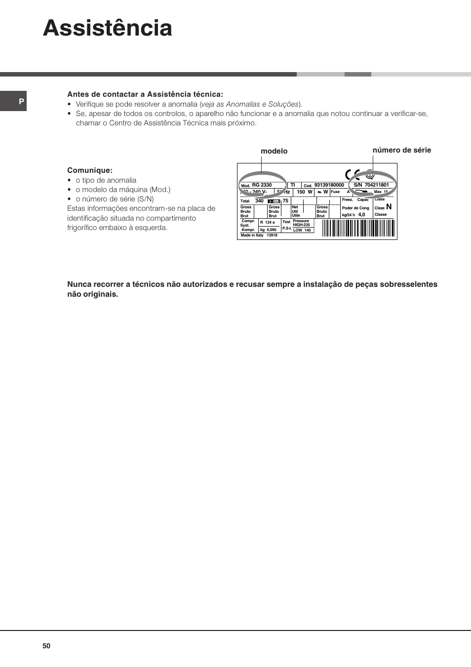 Assistência, Modelo número de série | Ariston MTM 1711 User Manual | Page 50 / 52