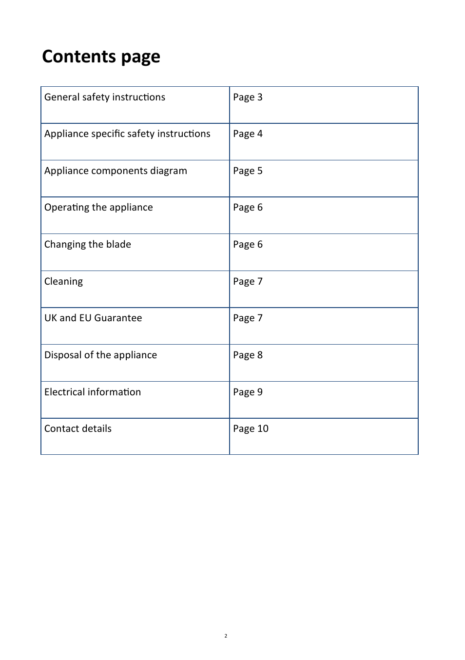 Contents page | Andrew James AJ000035 22CM Food Slicer User Manual | Page 2 / 10