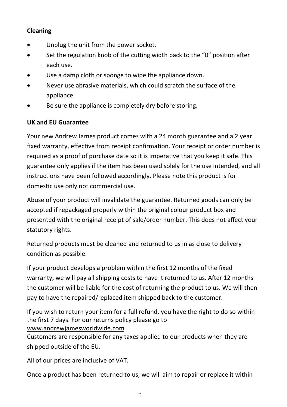Andrew James AJ000035 22CM Food Slicer User Manual | Page 7 / 10
