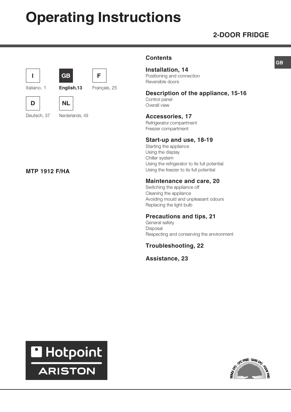 Operating instructions, Door fridge | Ariston MTP 1912 F/HA User Manual | Page 13 / 60