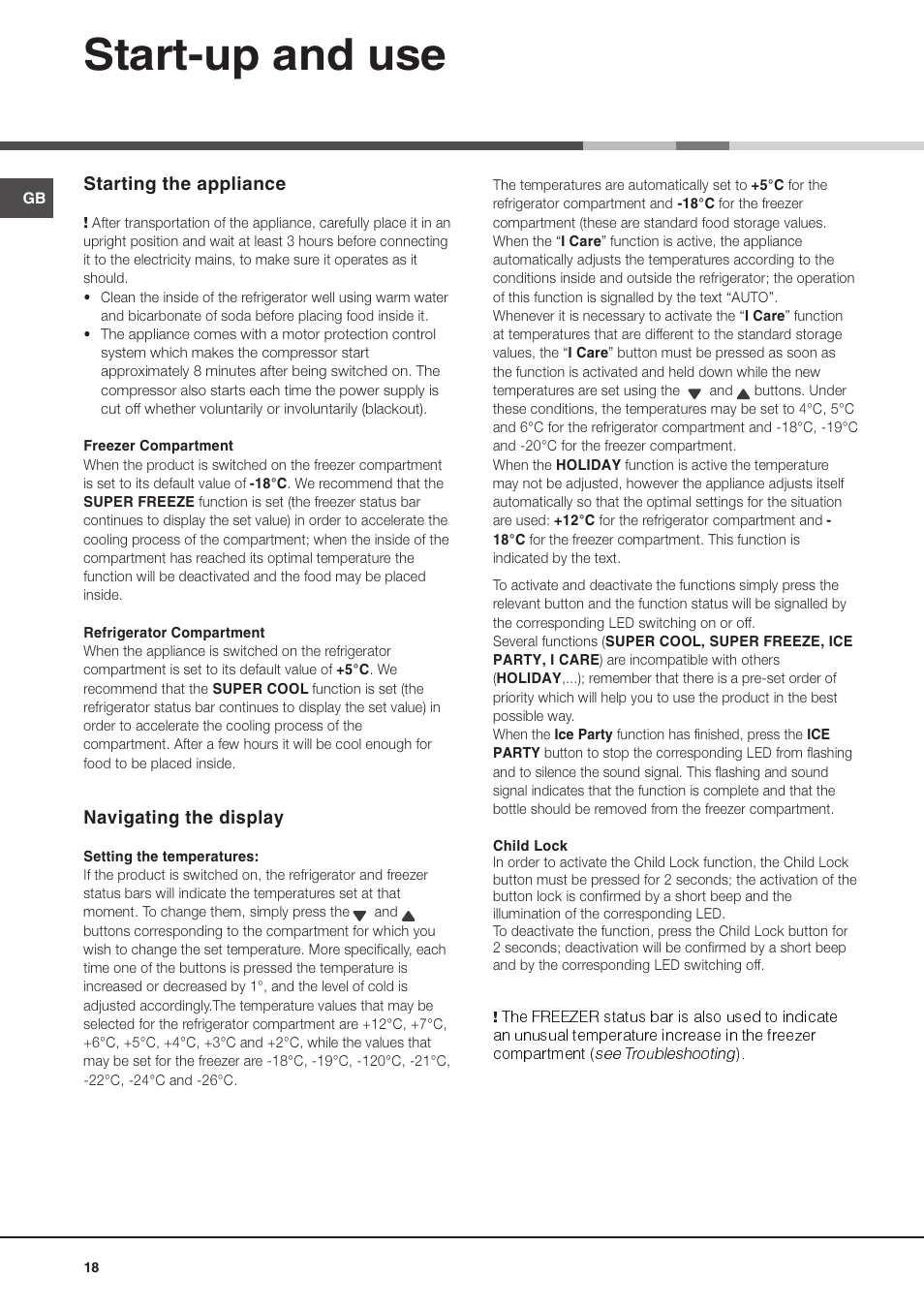 Start-up and use, Starting the appliance, Navigating the display | Ariston MTP 1912 F/HA User Manual | Page 18 / 60