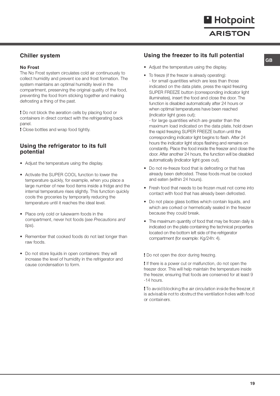 Chiller system, Using the refrigerator to its full potential, Using the freezer to its full potential | Ariston MTP 1912 F/HA User Manual | Page 19 / 60