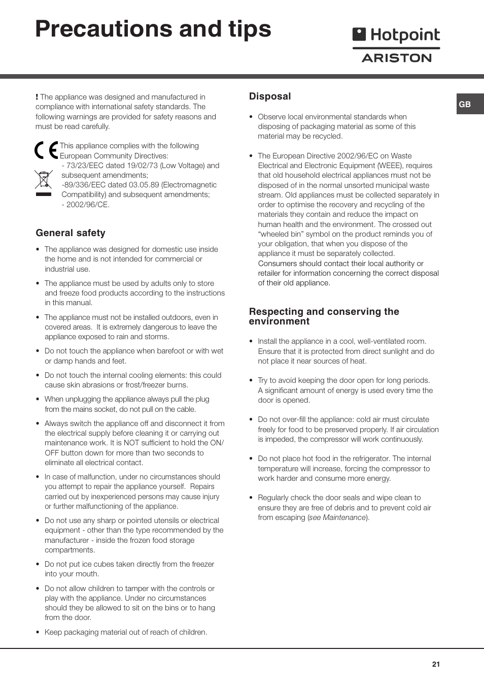 Precautions and tips, General safety, Disposal | Respecting and conserving the environment | Ariston MTP 1912 F/HA User Manual | Page 21 / 60