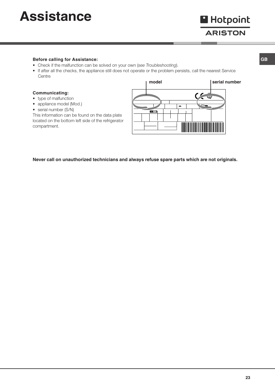 Assistance, Model serial number | Ariston MTP 1912 F/HA User Manual | Page 23 / 60