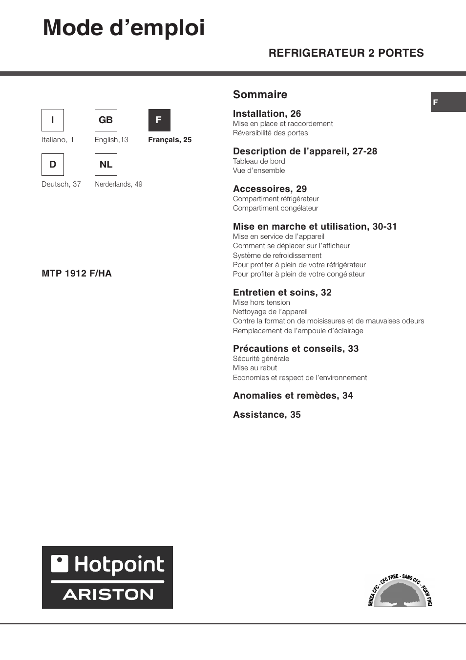 Mode demploi, Refrigerateur 2 portes, Sommaire | Ariston MTP 1912 F/HA User Manual | Page 25 / 60