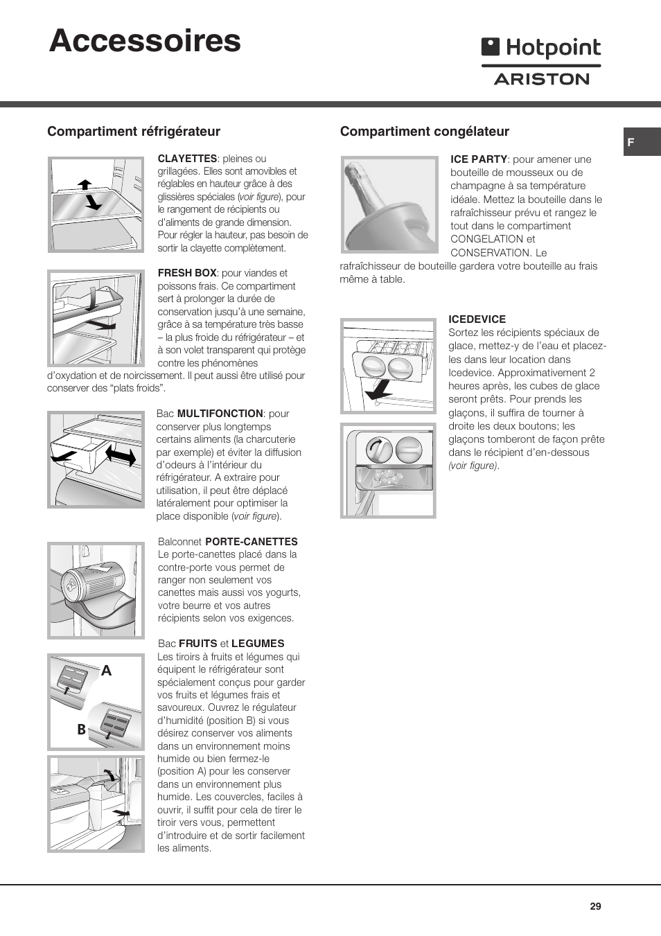 Accessoires, Compartiment réfrigérateur, Compartiment congélateur | Ariston MTP 1912 F/HA User Manual | Page 29 / 60