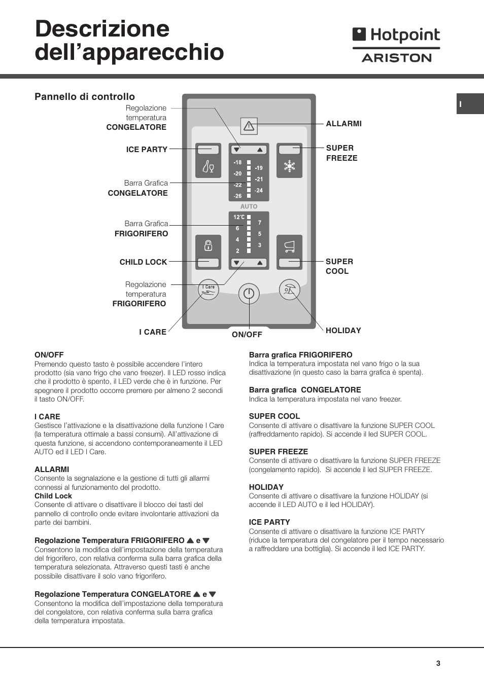 Descrizione dellapparecchio, Pannello di controllo | Ariston MTP 1912 F/HA User Manual | Page 3 / 60