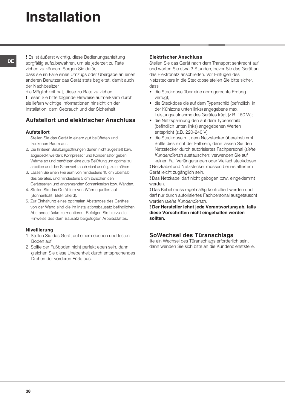 Installation, Aufstellort und elektrischer anschluss, Sowechsel des türanschlags | Ariston MTP 1912 F/HA User Manual | Page 38 / 60
