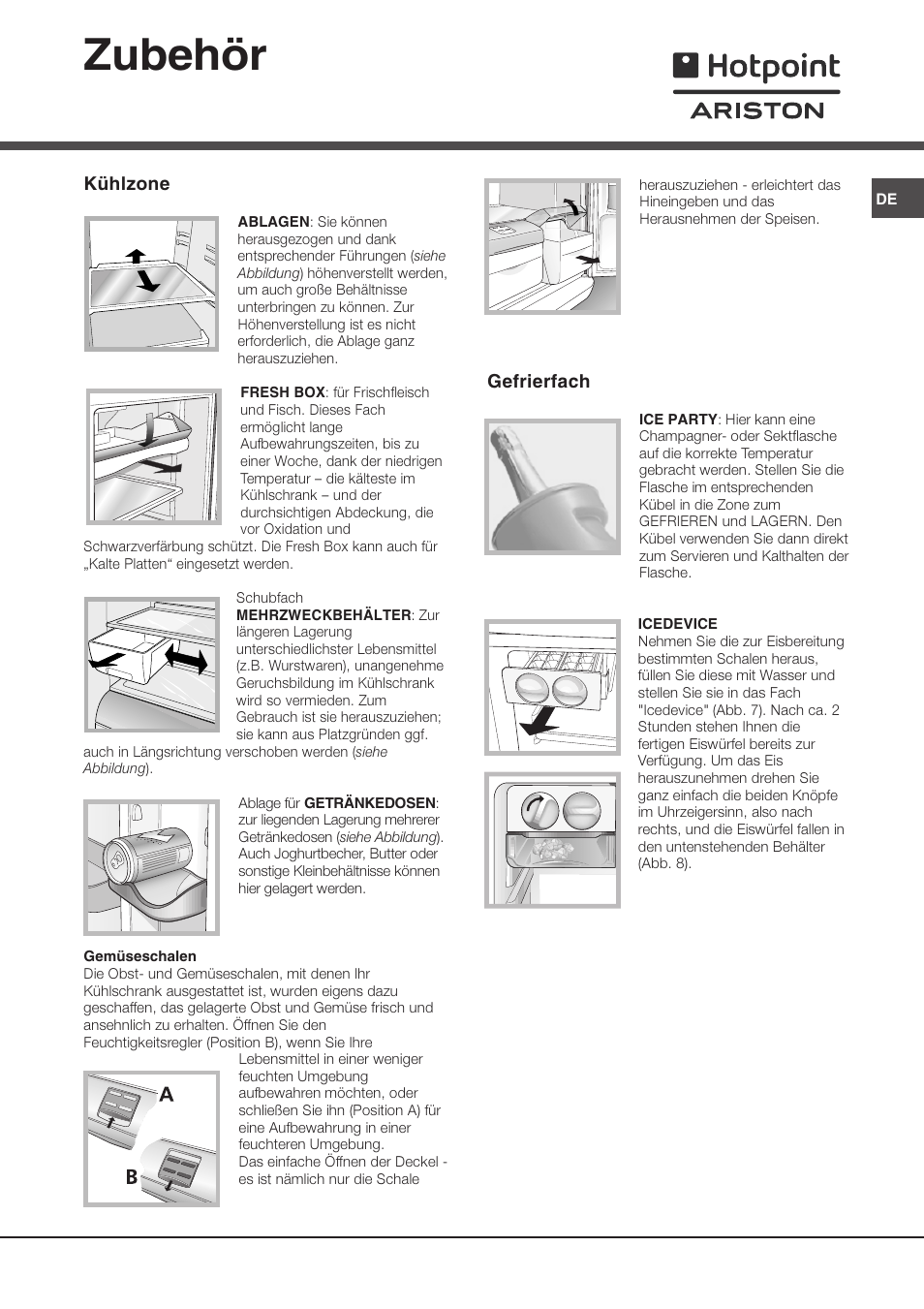 Zubehör, Kühlzone, Gefrierfach | Ariston MTP 1912 F/HA User Manual | Page 41 / 60