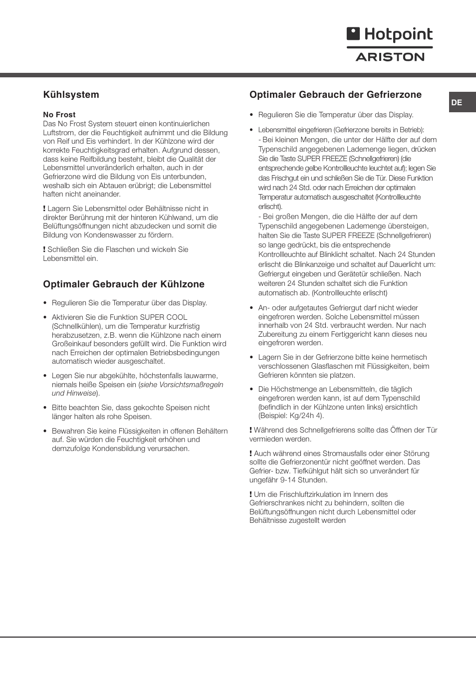 Kühlsystem, Optimaler gebrauch der kühlzone, Optimaler gebrauch der gefrierzone | Ariston MTP 1912 F/HA User Manual | Page 43 / 60