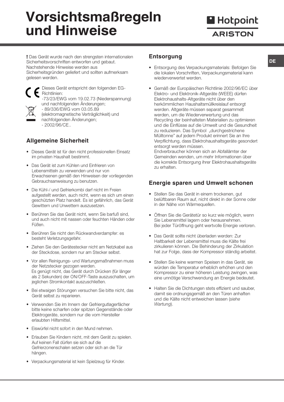 Vorsichtsmaßregeln und hinweise | Ariston MTP 1912 F/HA User Manual | Page 45 / 60