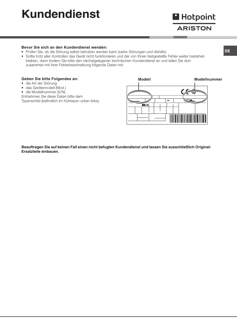 Kundendienst | Ariston MTP 1912 F/HA User Manual | Page 47 / 60