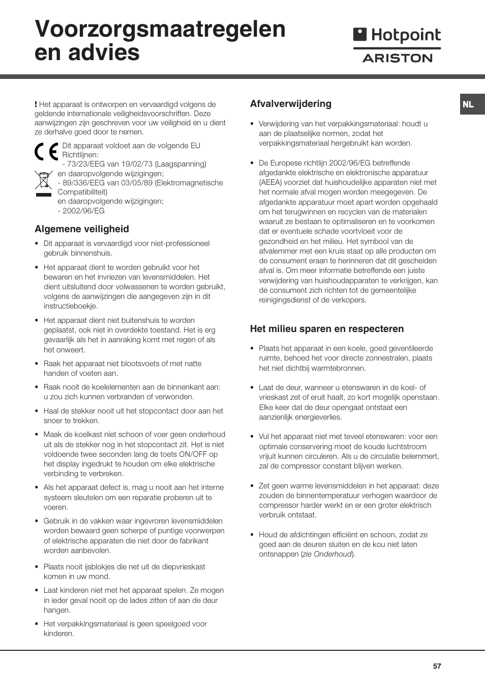 Voorzorgsmaatregelen en advies | Ariston MTP 1912 F/HA User Manual | Page 57 / 60