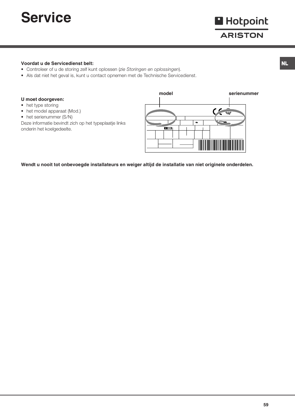 Service, Model serienummer | Ariston MTP 1912 F/HA User Manual | Page 59 / 60