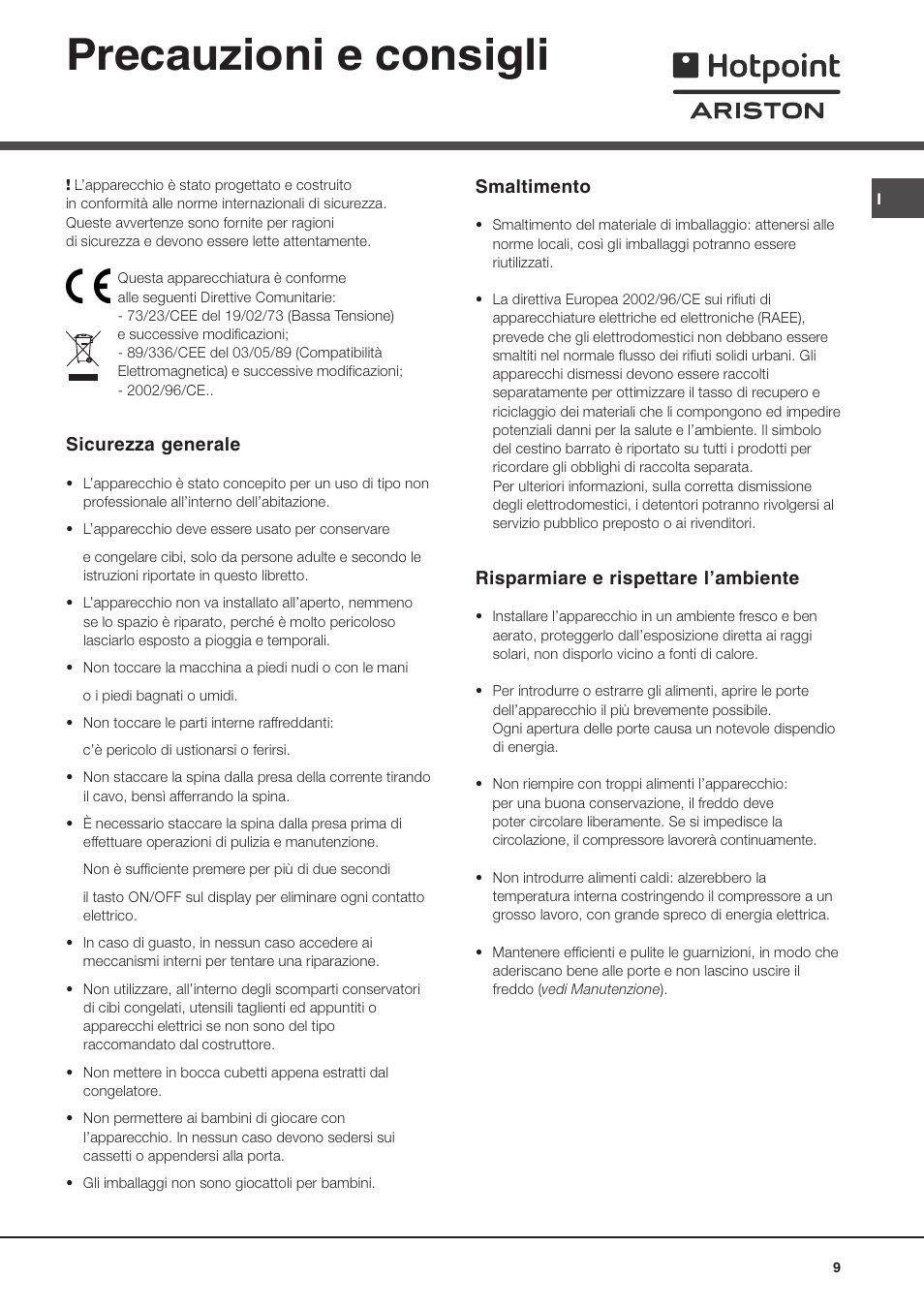 Precauzioni e consigli, Sicurezza generale, Smaltimento | Risparmiare e rispettare lambiente | Ariston MTP 1912 F/HA User Manual | Page 9 / 60