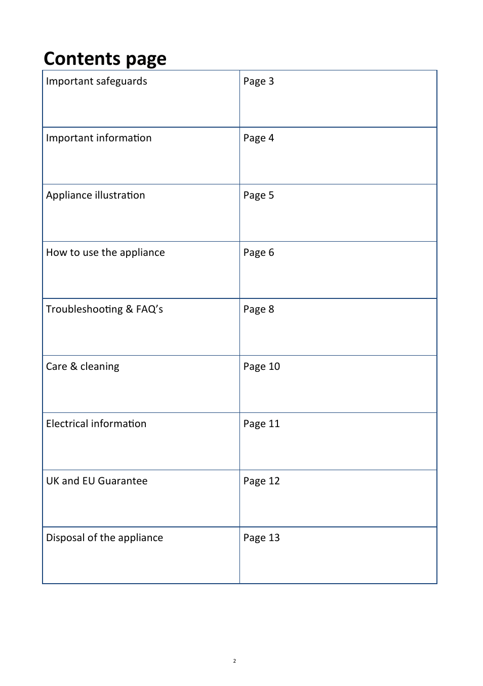 Contents page | Andrew James AJ000010 Knife Sharpener User Manual | Page 2 / 13