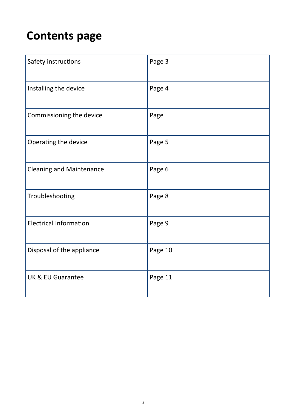 Contents page | Andrew James AJ000058 Induction Hob User Manual | Page 2 / 11