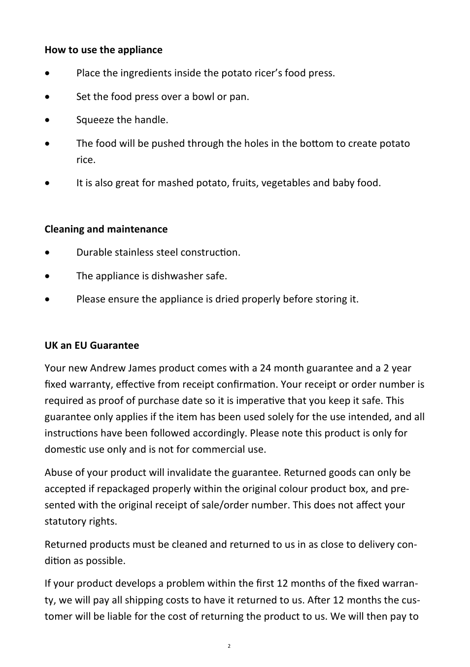 Andrew James AJ000293 Potato Ricer User Manual | Page 2 / 3