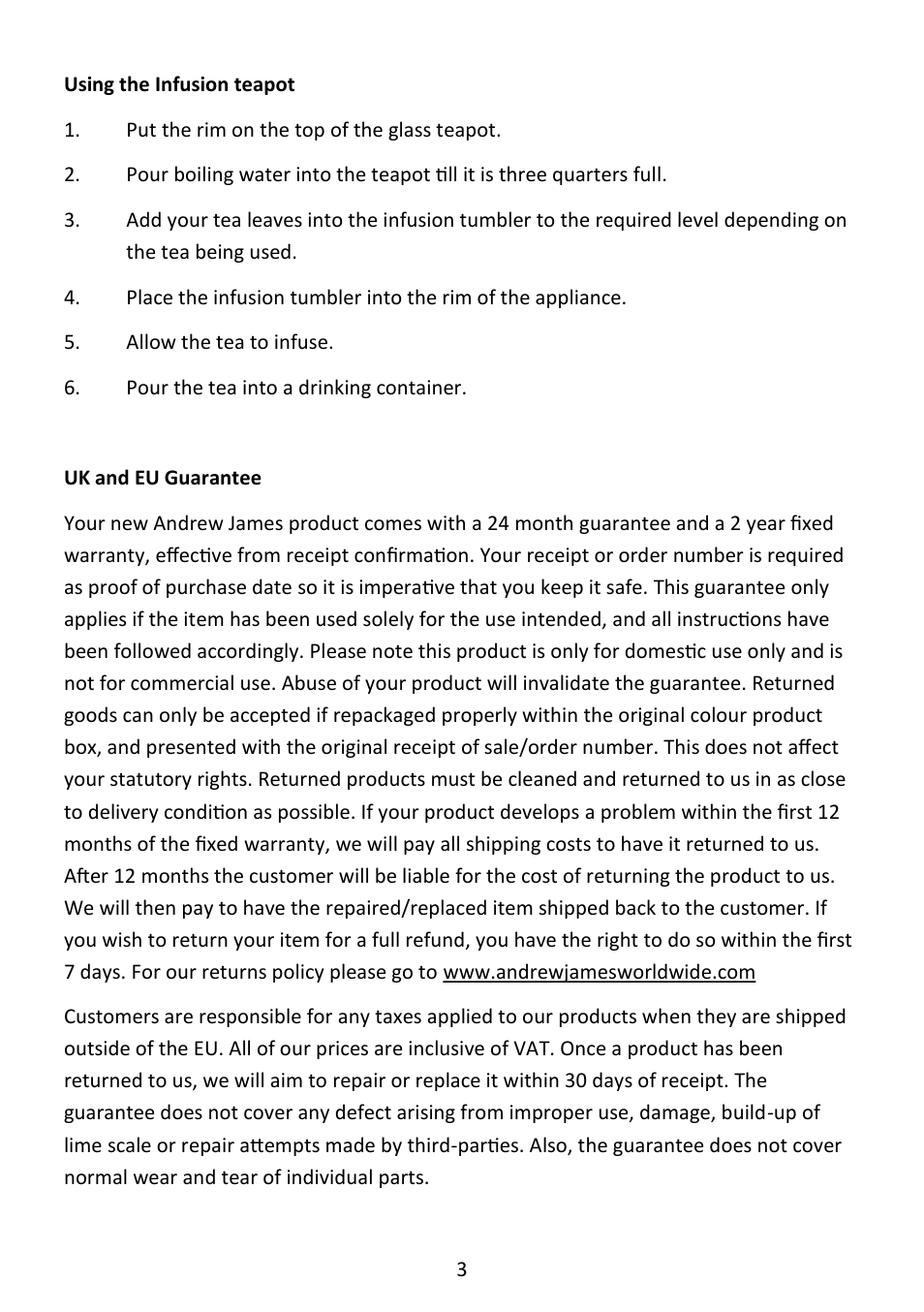 Andrew James AJ000514 Infusion Teapot User Manual | Page 3 / 3