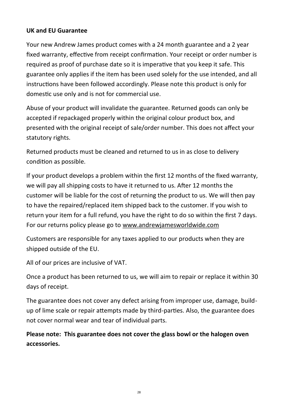 Andrew James AJ000012 7 Litre Premium Halogen User Manual | Page 28 / 30