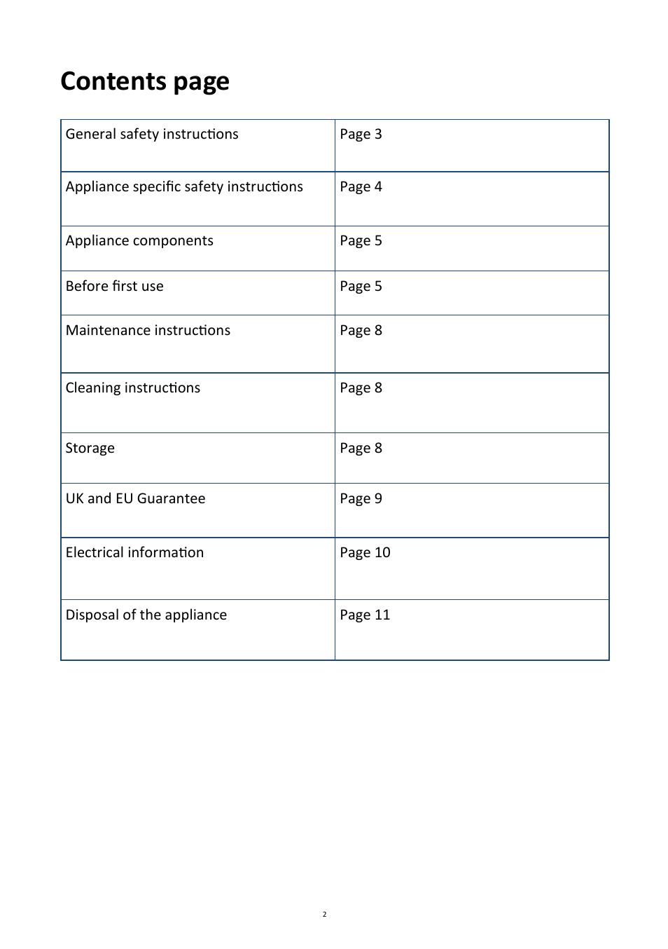 Contents page | Andrew James AJ000299 Mini Oven and Grill User Manual | Page 2 / 11