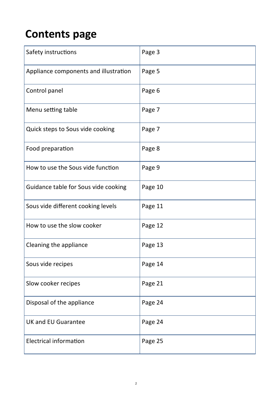 Contents page | Andrew James AJ000596 Ultimate Sous Vide Package User Manual | Page 2 / 26