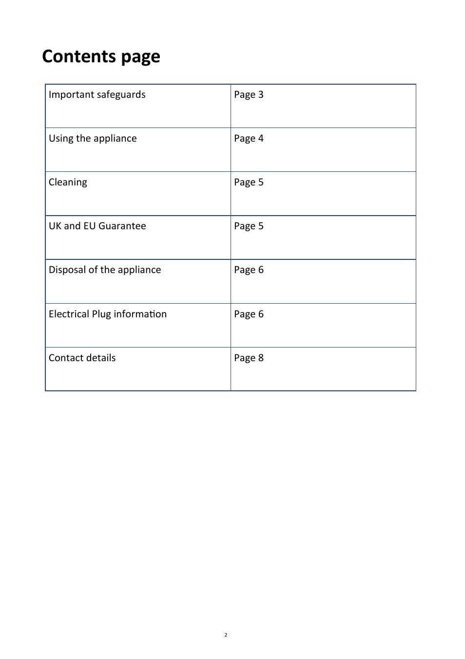 Contents page | Andrew James AJ000006 Double Hob User Manual | Page 2 / 7