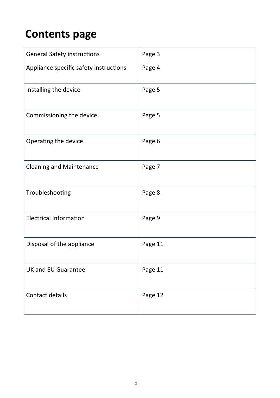 Contents page | Andrew James AJ000127 Double Induction Hob User Manual | Page 2 / 12