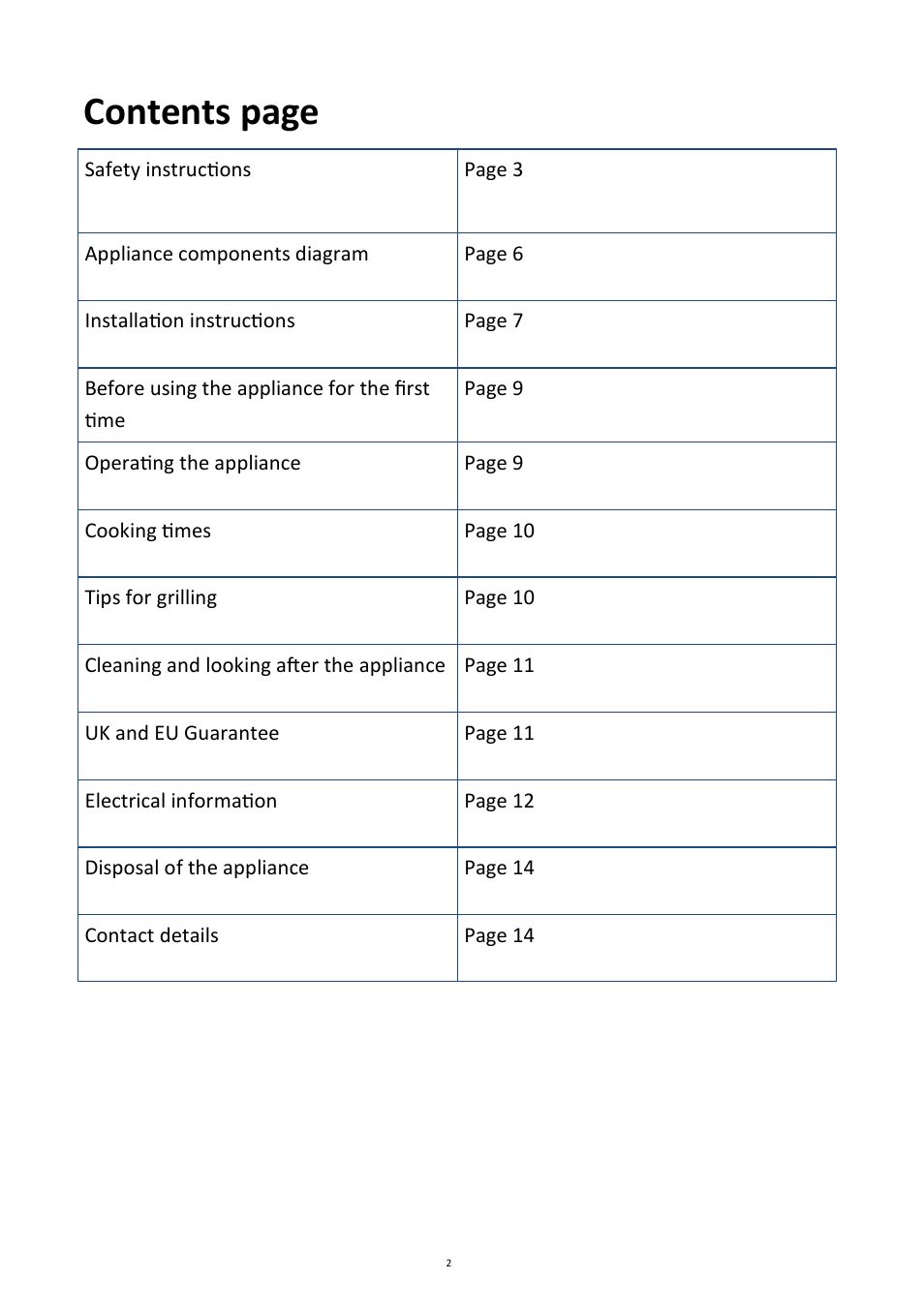 Contents page | Andrew James AJ000208 Barbeque User Manual | Page 2 / 14