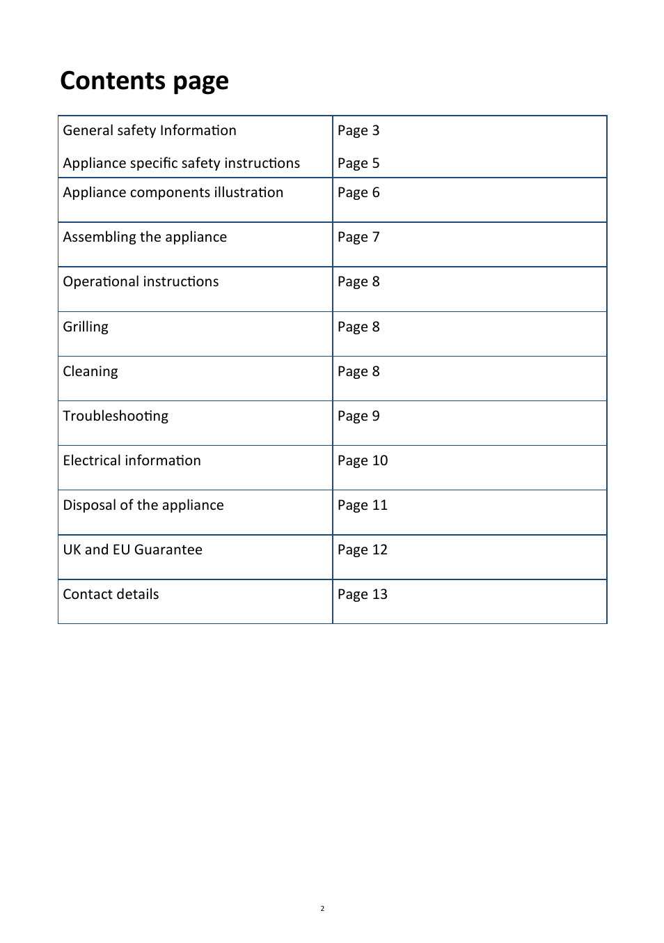 Contents page | Andrew James AJ000302 Deluxe Barbeque Grill User Manual | Page 2 / 13