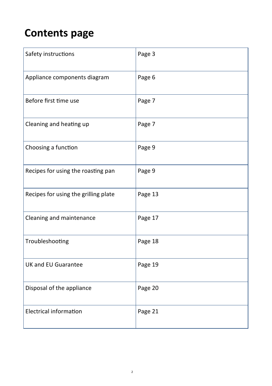 Contents page | Andrew James AJ000266 Multifunctional Roaster User Manual | Page 2 / 22