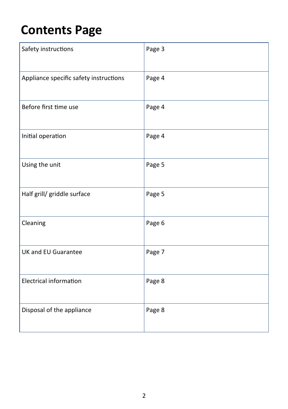 Contents page | Andrew James AJ000550 Teppanyaki Electric Table Grill & Griddle User Manual | Page 2 / 9