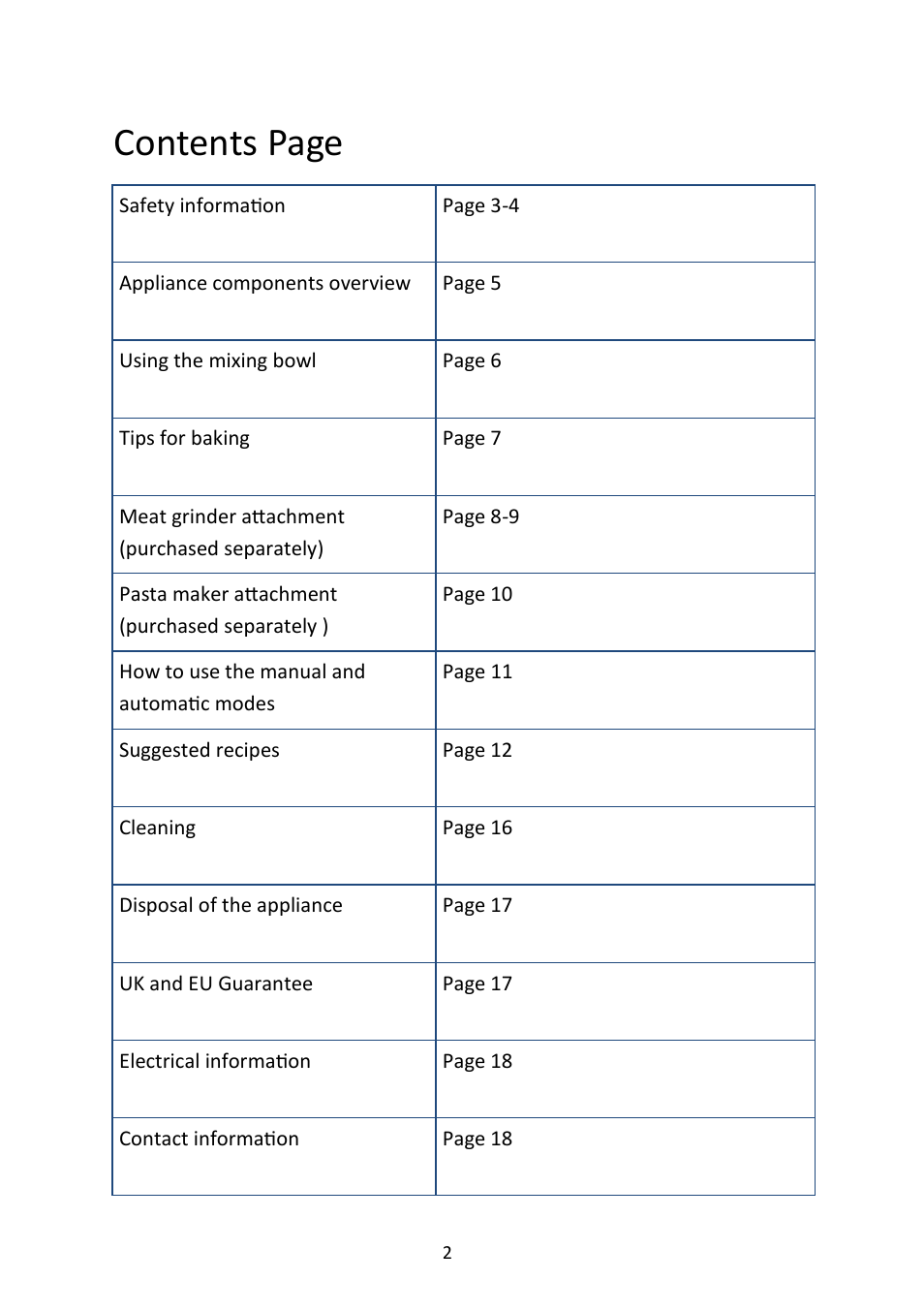 Contents page | Andrew James AJ000229 Ultimate 7 Litre Food Mixer Package User Manual | Page 2 / 19