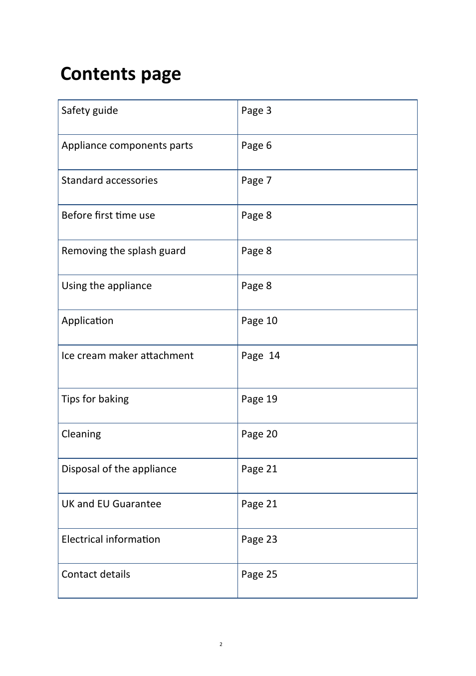 Contents page | Andrew James AJ000161 5.2 Litre Food Mixer User Manual | Page 2 / 24