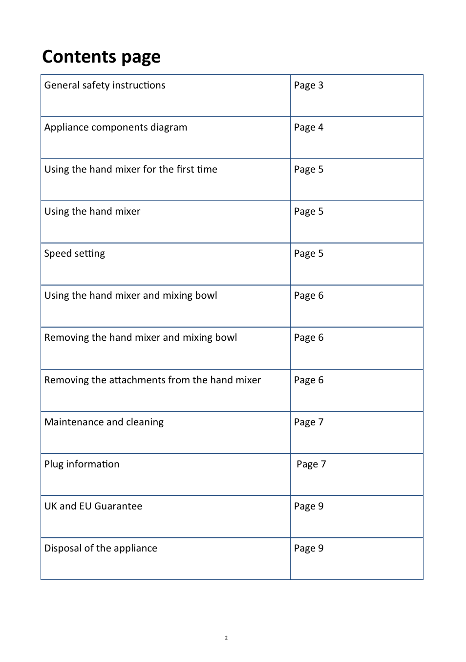 Contents page | Andrew James AJ000367 Premium Hand Mixer User Manual | Page 2 / 9