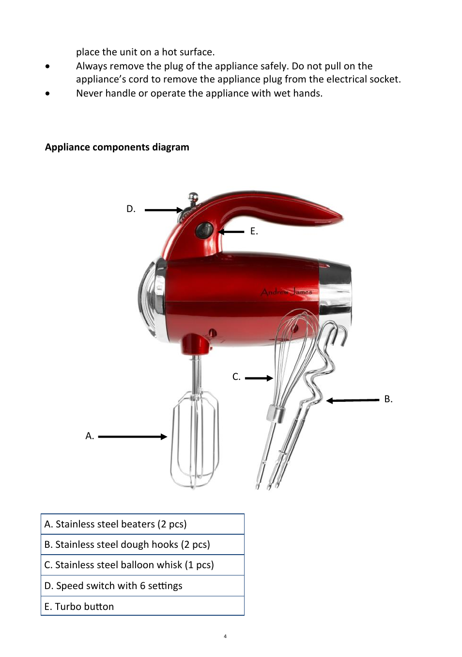 Andrew James AJ000367 Premium Hand Mixer User Manual | Page 4 / 9