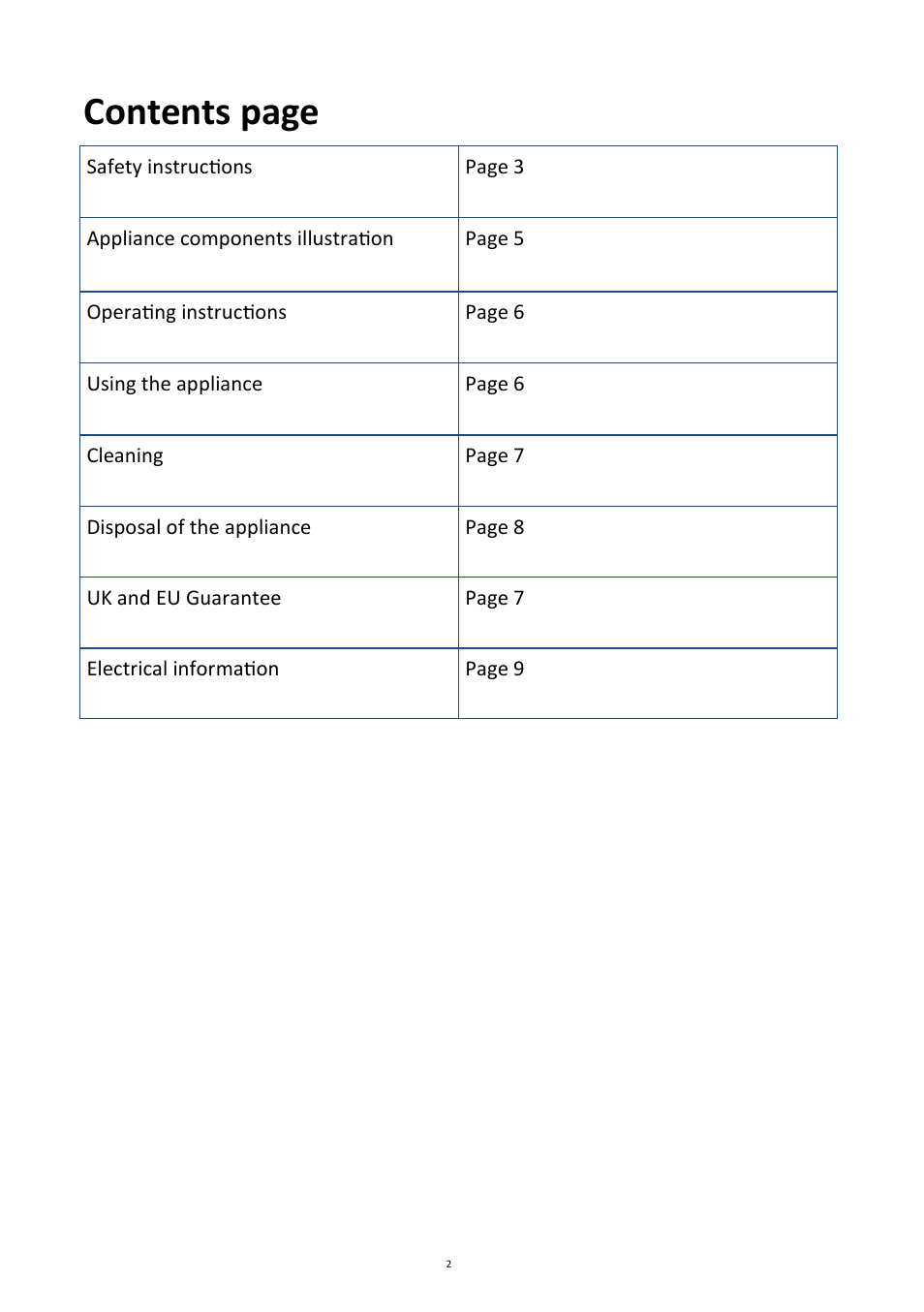 Contents page | Andrew James AJ000131 Hand Mixer User Manual | Page 2 / 10
