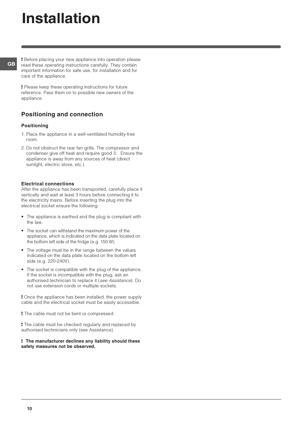 Installation, Positioning and connection | Indesit IN CB 310 D User Manual | Page 10 / 32