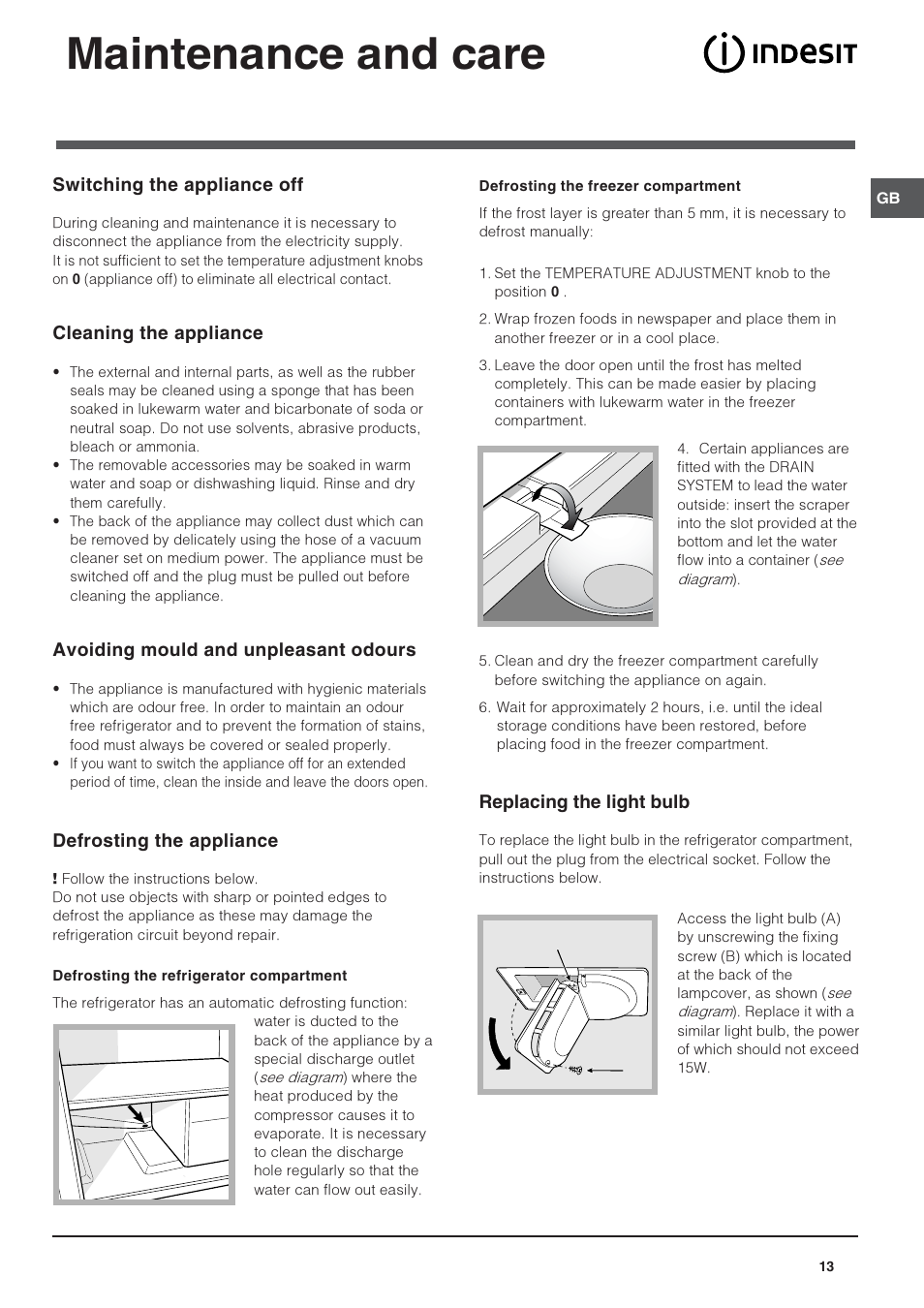 Maintenance and care | Indesit IN CB 310 D User Manual | Page 13 / 32