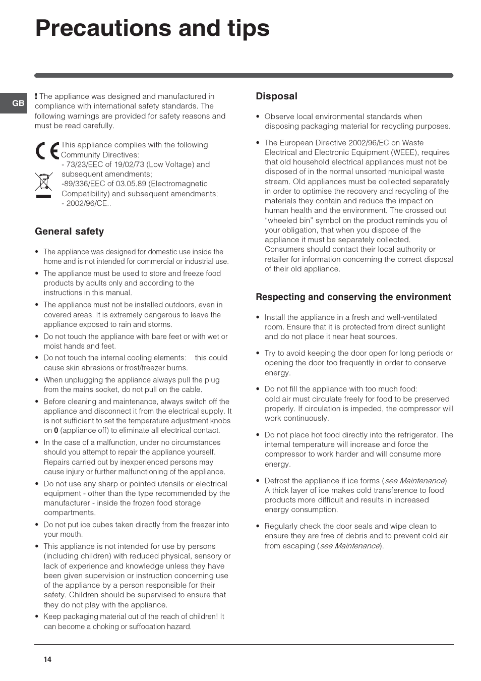 Precautions and tips, General safety, Disposal | Respecting and conserving the environment | Indesit IN CB 310 D User Manual | Page 14 / 32